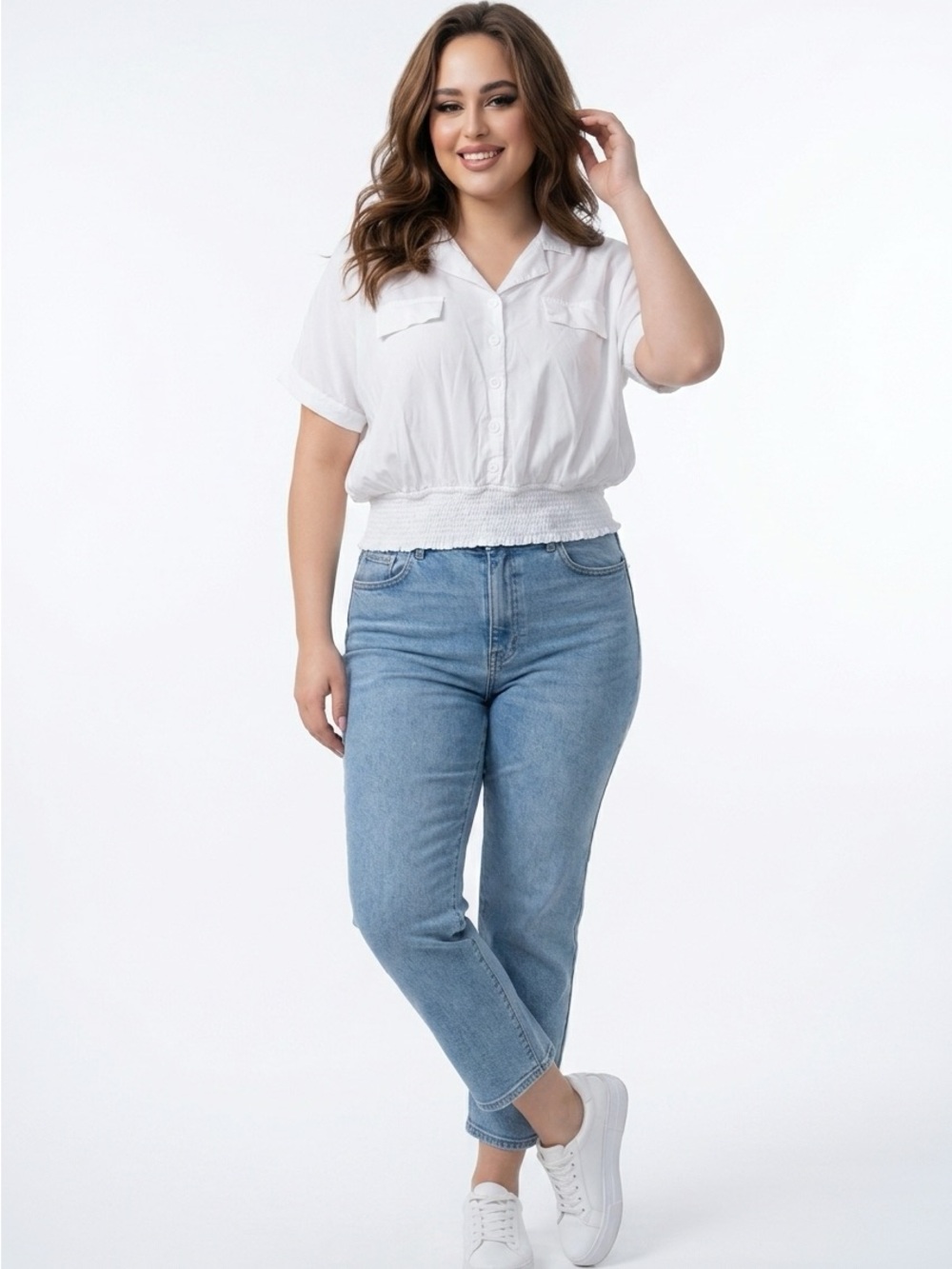 Rouge Helium White Smocked-Waist Short Sleeve Button Shirt 2X